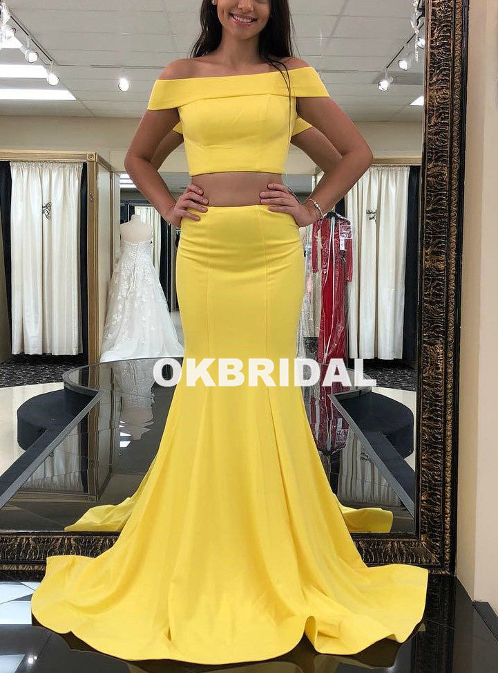 Yellow Mermaid Cheap Prom Dresses, Off Shoulder Two Pieces Prom Dresses, KX839